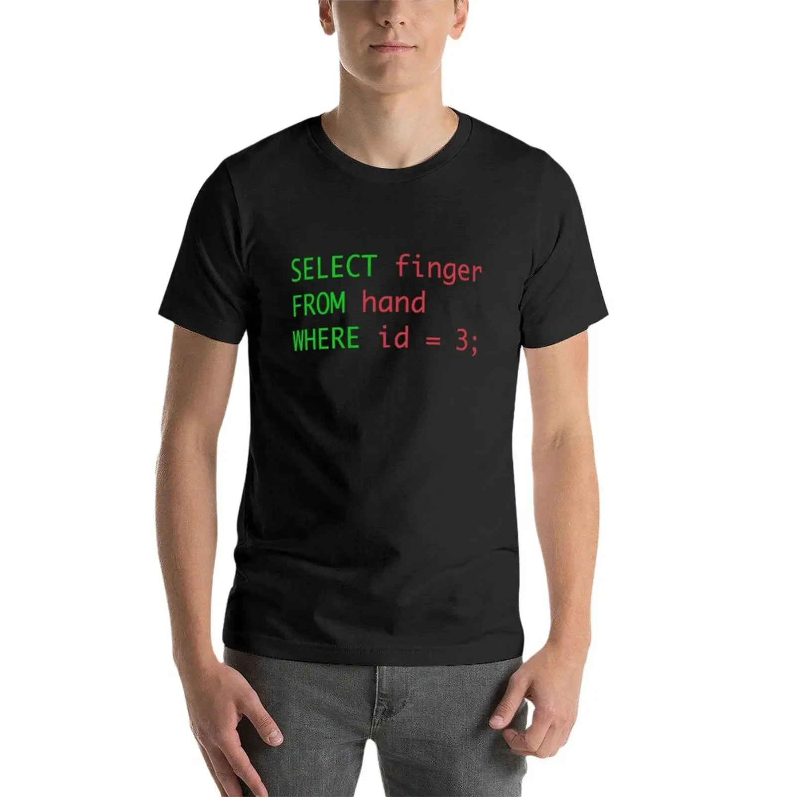 New SQL query humor select finger from hand where id = 3 T-Shirt cute tops t-shirts man clothes for men