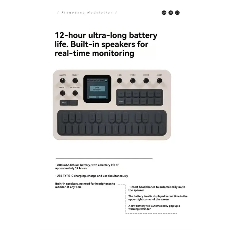 FM-1 Portable FM Synthesizer 6-Operator 32-Algorithm 128 Presets With MIDI Keyboard Built-In Speaker Music Production
