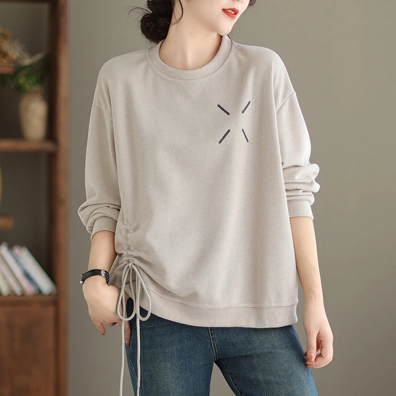 Spring Autumn New Solid Color Fashion Long Sleeve Sweatshirts Women High Street Casual Loose Shirring Pullovers Printing Tops