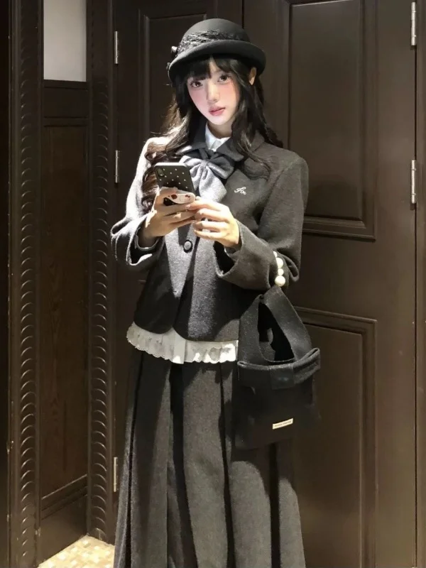 

Elegant Korean College Style Grey Woolen Coat Lace Shirt Mid-Length Skirt Autumn Winter Women's Fashion Three-Piece Set