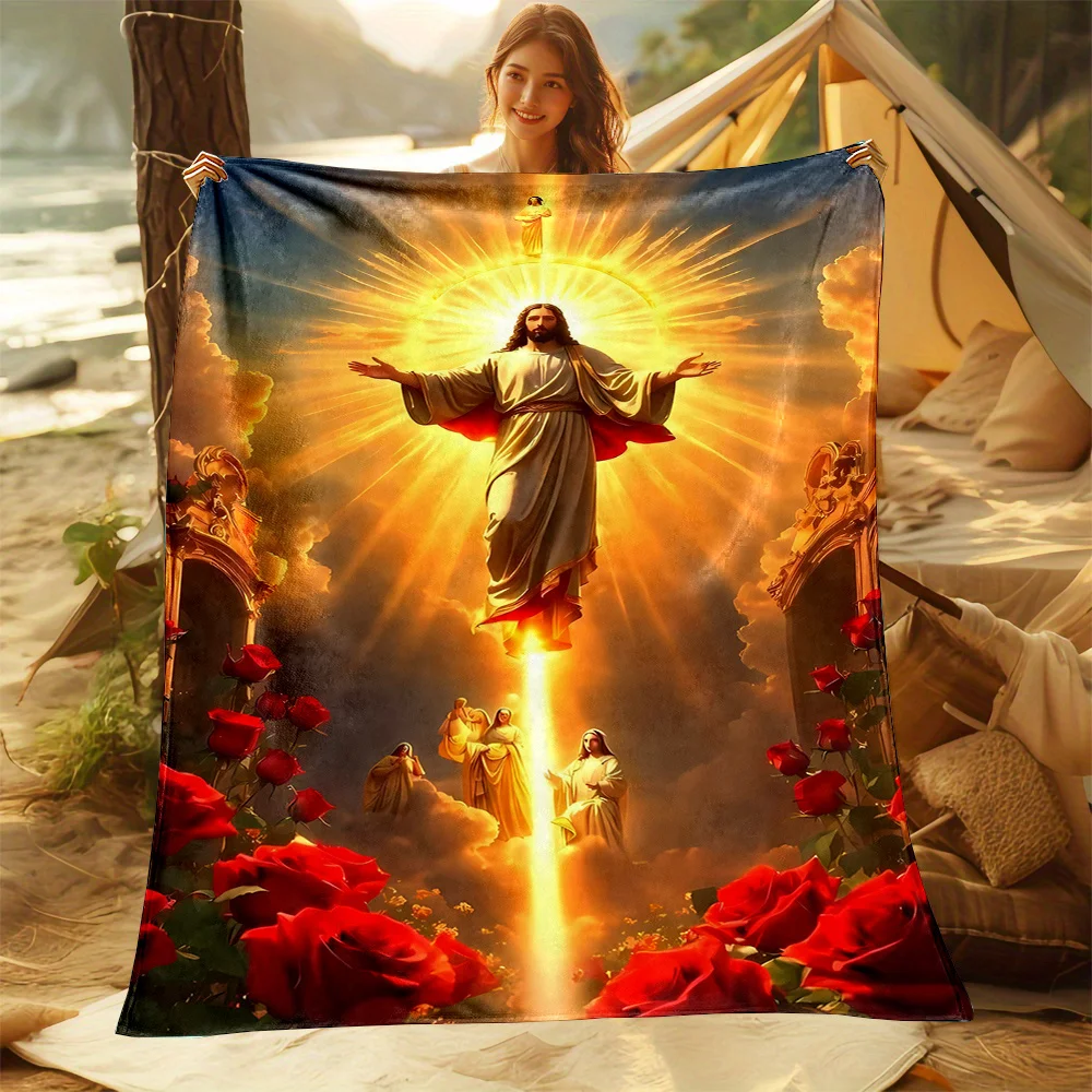 Large 150x200cm Religious Jesus Christ Divine Glow Art Print Blanket Throw Sofa Cover for Christian Spiritual Home Decor