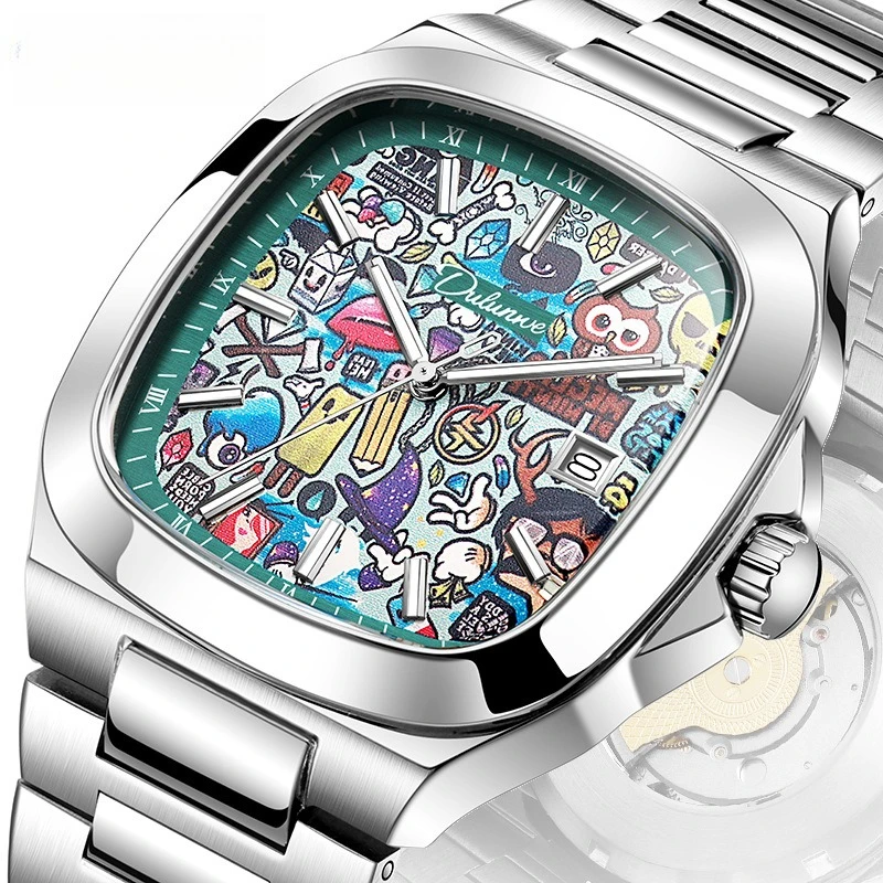Stainless Alloy Large Square Graffiti Luminous Waterproof Self-Wind Automatic Mechanical Exquisite Watch for Men