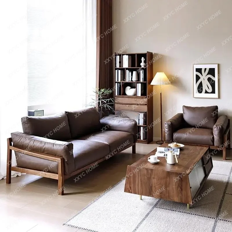 

Small apartment style modern simple living room leather black walnut solid wood sofa