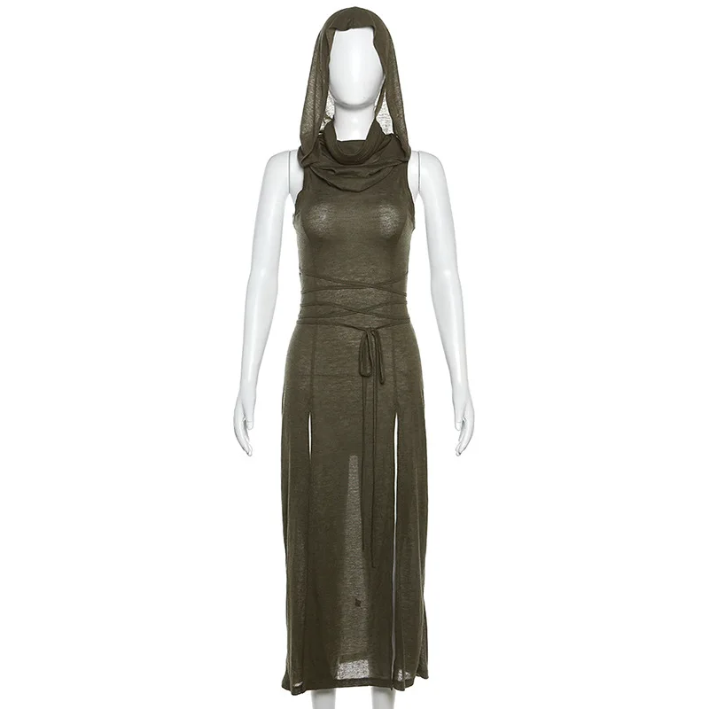 Goth Dark Cyber Gothic Desert Walker Jurken met capuchon Y2k Punk Grunge Hollow Out Midi Jurk Vrouwen Sexy Split Side Solid Streetwear