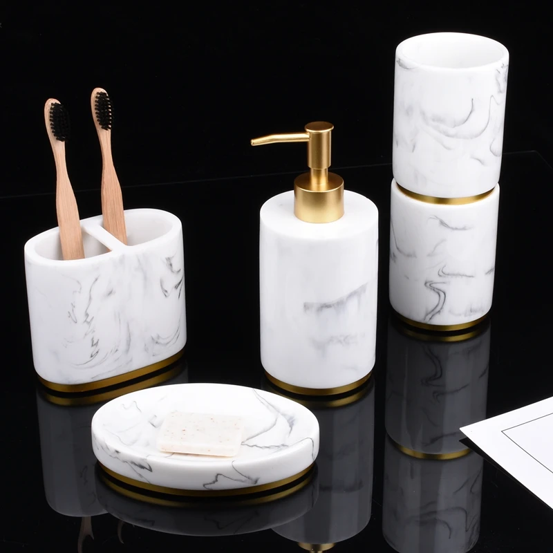 Juego de accesorios de baño, conjunto de baño de 5 piezas, colección de juego de baño, bomba dispensadora de jabón con patrón de mármol, soporte para cepillo de dientes, Soa