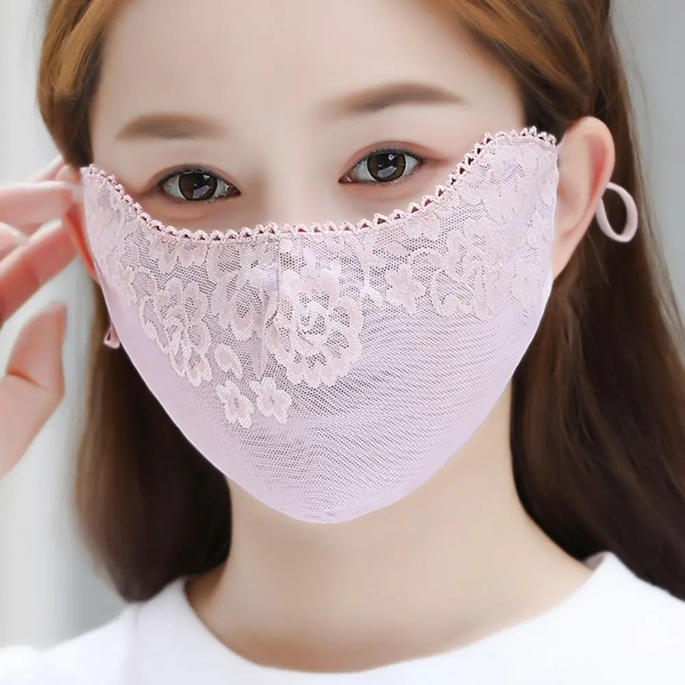 Solid Color Sunscreen Lace Mask Hanging Ear Flower Sunscreen Face Cover Sunshade Breathable UV Protection Mask Sports