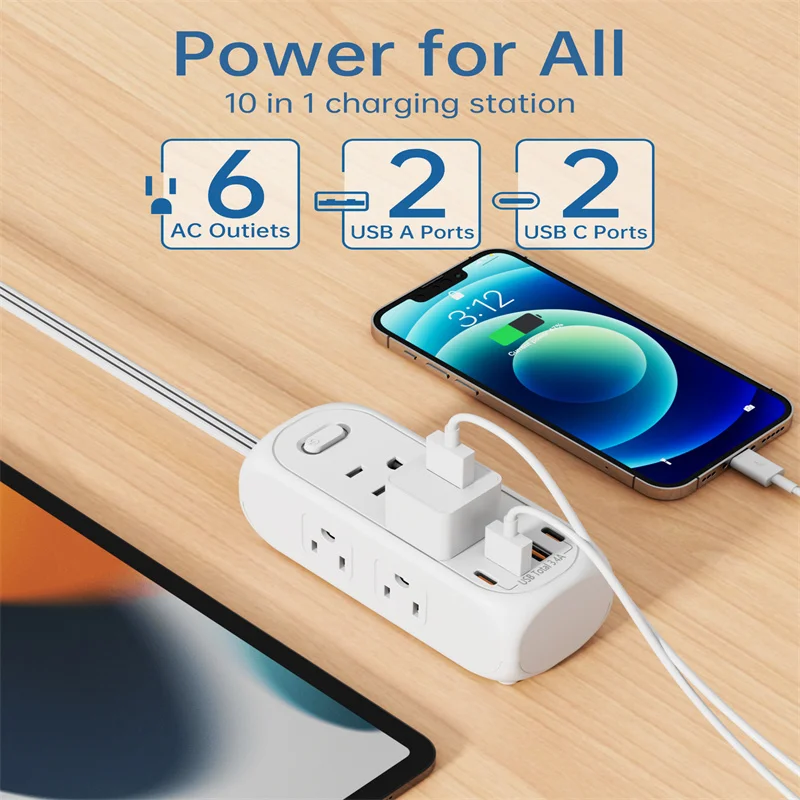 Surge Protector Power Strip US Plug 6 Outlets 2 USB A and 2 USB C With 1.5M Extension Cord Electrical Socket Wall For Travel