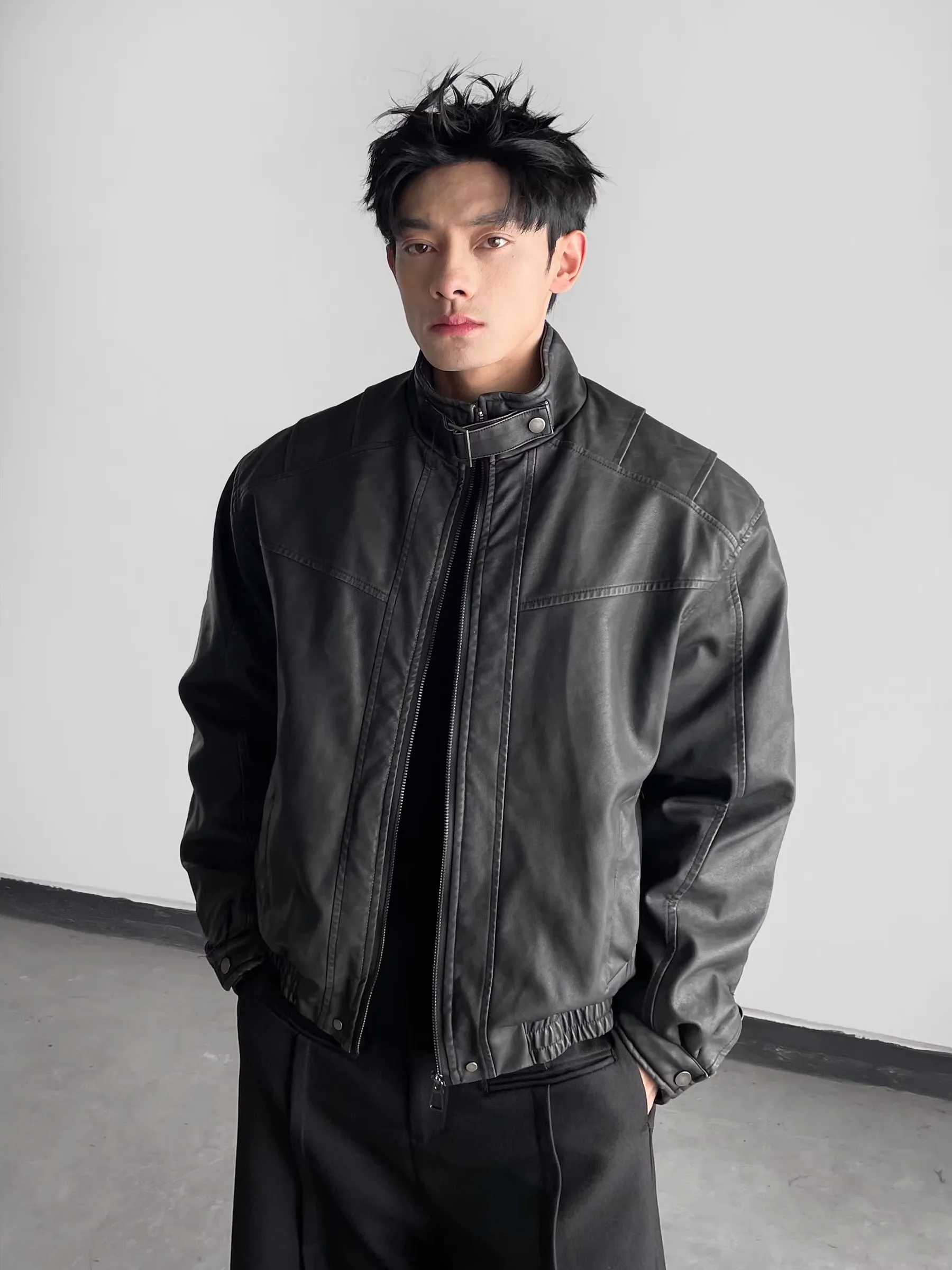 

Retro Distred Bla Stand Collar Leather Jaet Men's Casual Street Sle Loose Fit Versatile Motorcycle Outerwear