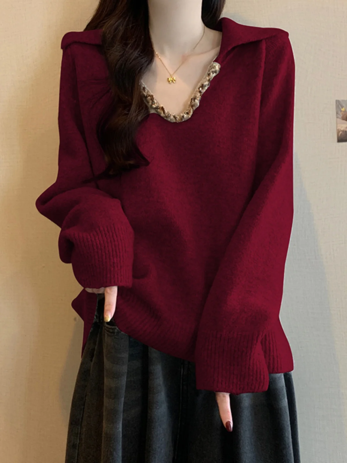 Soft Cozy V-Neck Knitted Sweater Women's Inner Spring Autumn Large Size Plump MM Design Sense Shiny Thread Top Base Shirt