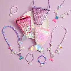 Cute Shiny Fishtail Pearl Bracelet Necklace Crossbody Bag For Girls Children Kawaii New Combination Set Birthday Gifts