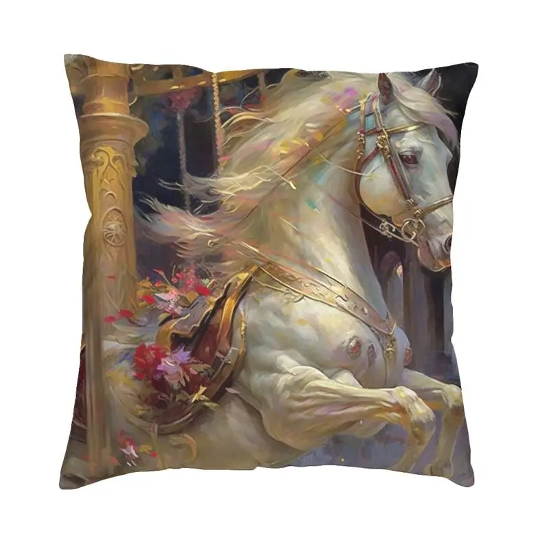 White Carousel Horse Art Square Pillow Case Decoration Amusement Park Cushion Cover Throw Pillow for Sofa Double-sided Printing