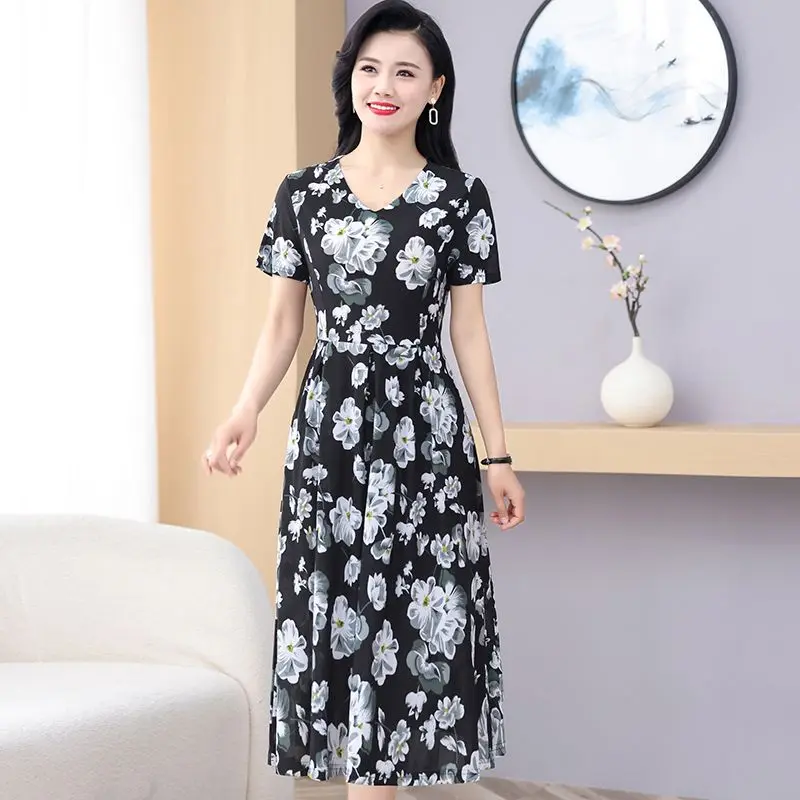 Sommer New Faion Print Ort Sve Knielanges Midi Dr. Ele Godd Personali High-End Casual Floral Dr