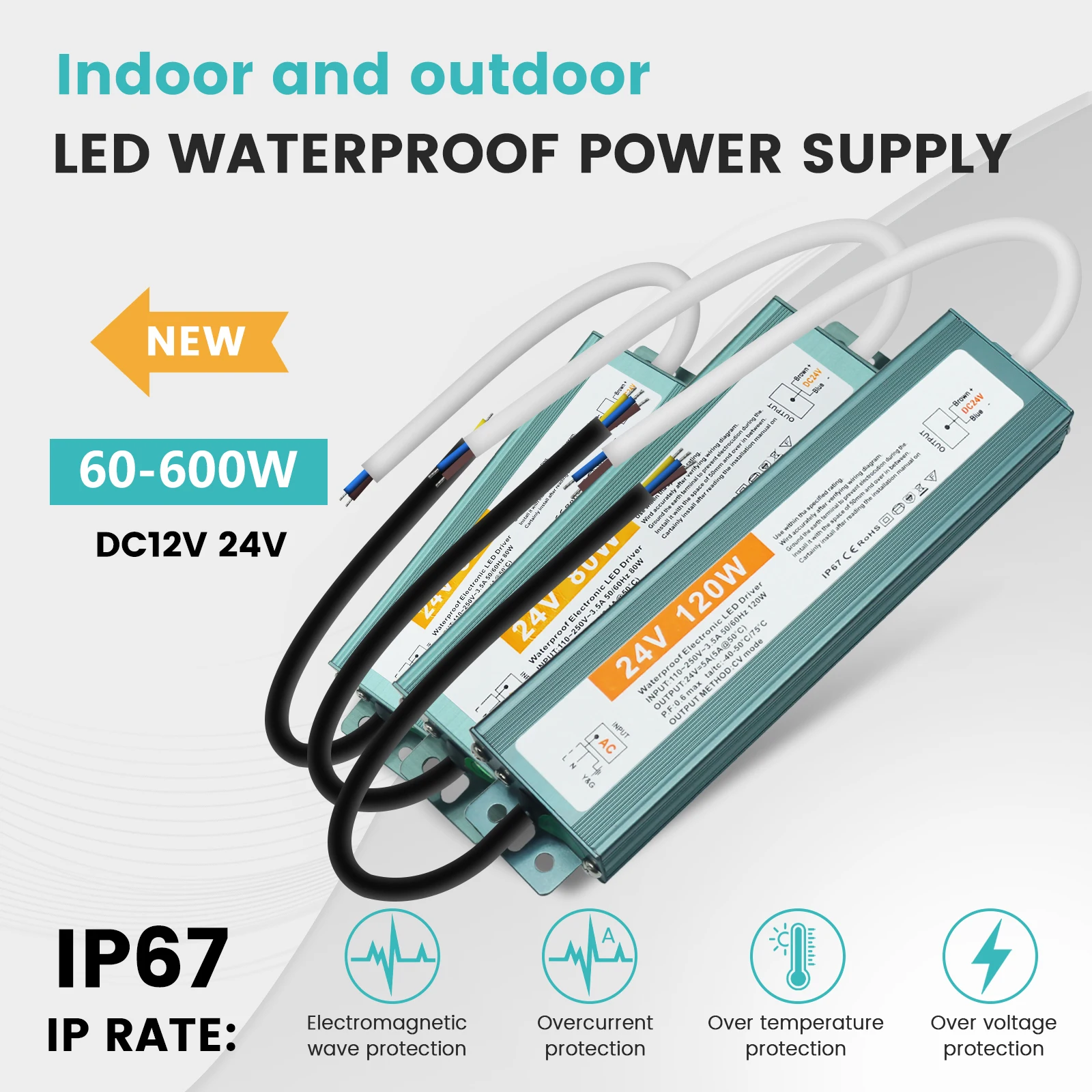 DC 12V 24V Waterproof Power Supply Transformer for LED Lights 60W 100W 200W 300W 400W 500W 600W Outdoor LED Driver Power Adapter