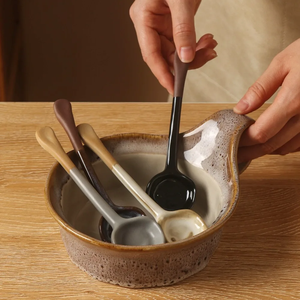4PCS Irregular Long Handle Japanese Rustic Pottery Spoon Under-glaze Painting Non-slip Back Coffee Stirring Spoon Vintage