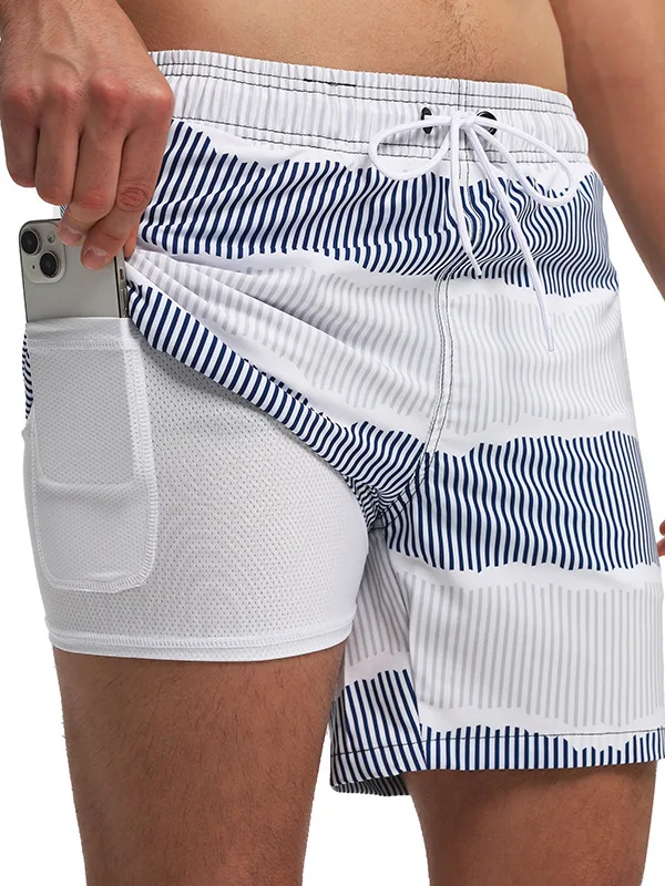 

Men's Comfortable Loose Double Layered Printed Shorts Polyester Fiber Elastic Waist Daily Wear Four Seasons Straight Leg