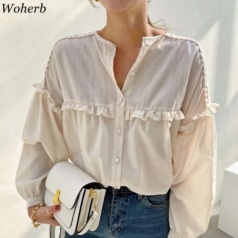 Woherb O-neck Shirt Summer Casual All Match Tops Eleegant Ruffle Long Sleeve Blouse Top Korean Chic Fashion Blusas 2024