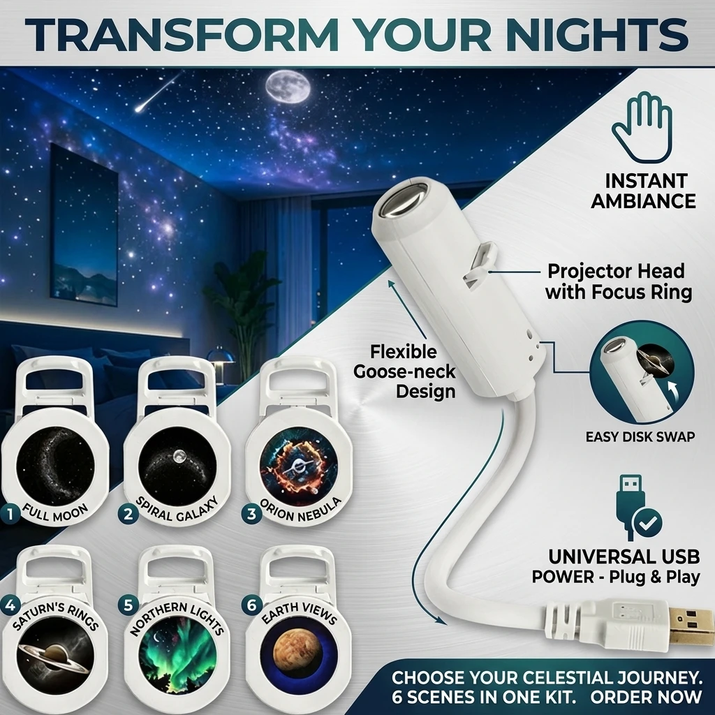 Portable USB Galaxy Projector Lamp Adjustable Starry Night Light For Bedroom Car Interior Home Mood Lighting Atmosphere Light