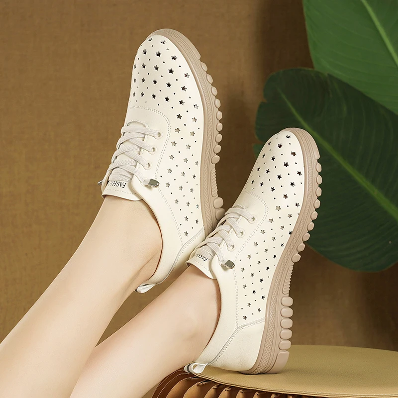 Women Shoes 2024 Fashion Summer Casual White Shoes High Quality Leather Hollow Breathable Platform Flat Shoes Woman Sneakers