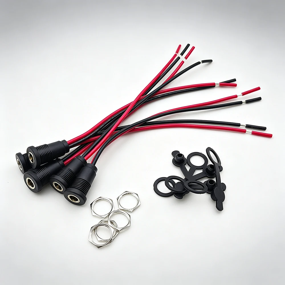 10 Pcs 5.5x2.1 mm DC Power Socket Female Panel Mount Jack Connector with Dust Cover 20AWG Wire Cable