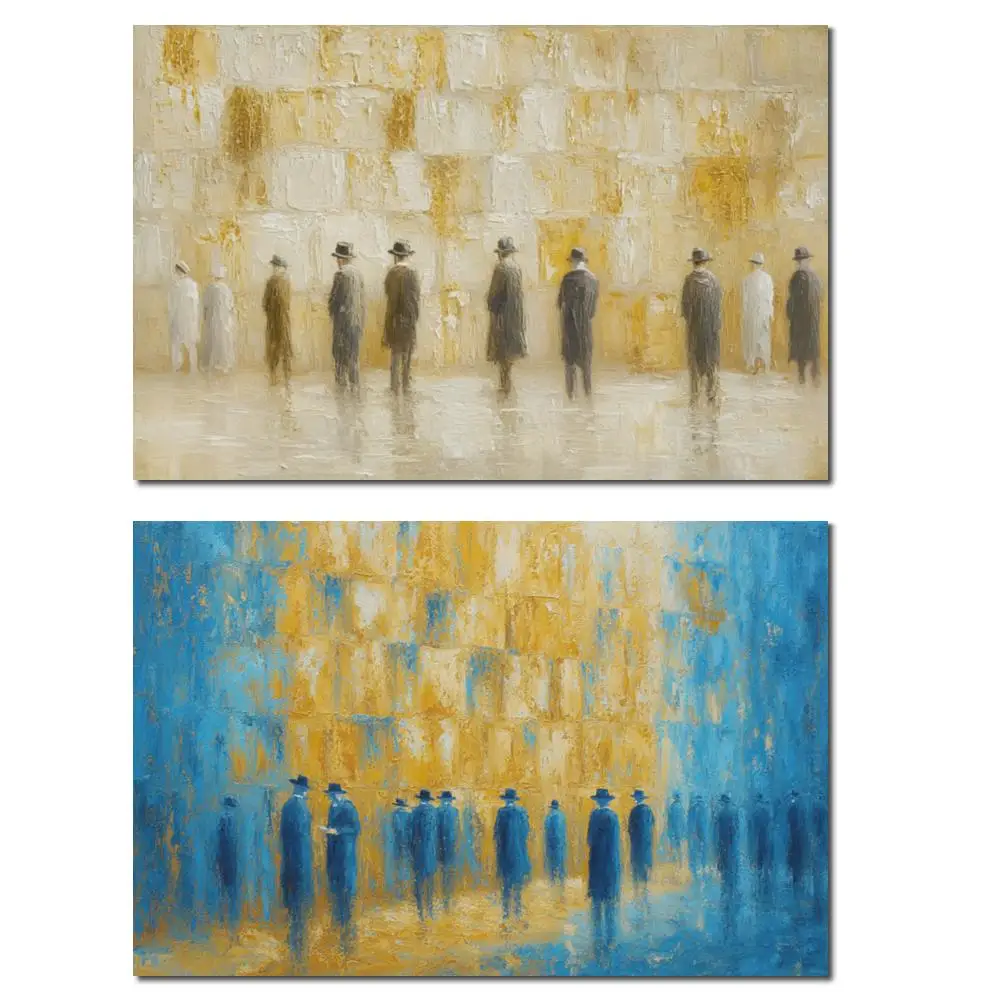 

Blue & Gold Jerusalem Kotel Oil Painting Handmade Jewish Canvas Art Abstract Judaica Wall Decor for Study or Living Room