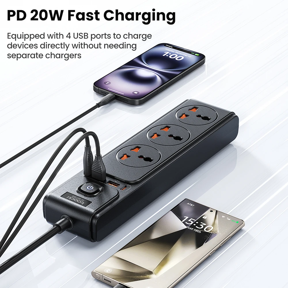 Toocki PD20W GaN Versatile Power Strip 2500W Max Universal 3AC Outlet EU UK US Plug Adapter Electrical Socket 2M Extension Cable