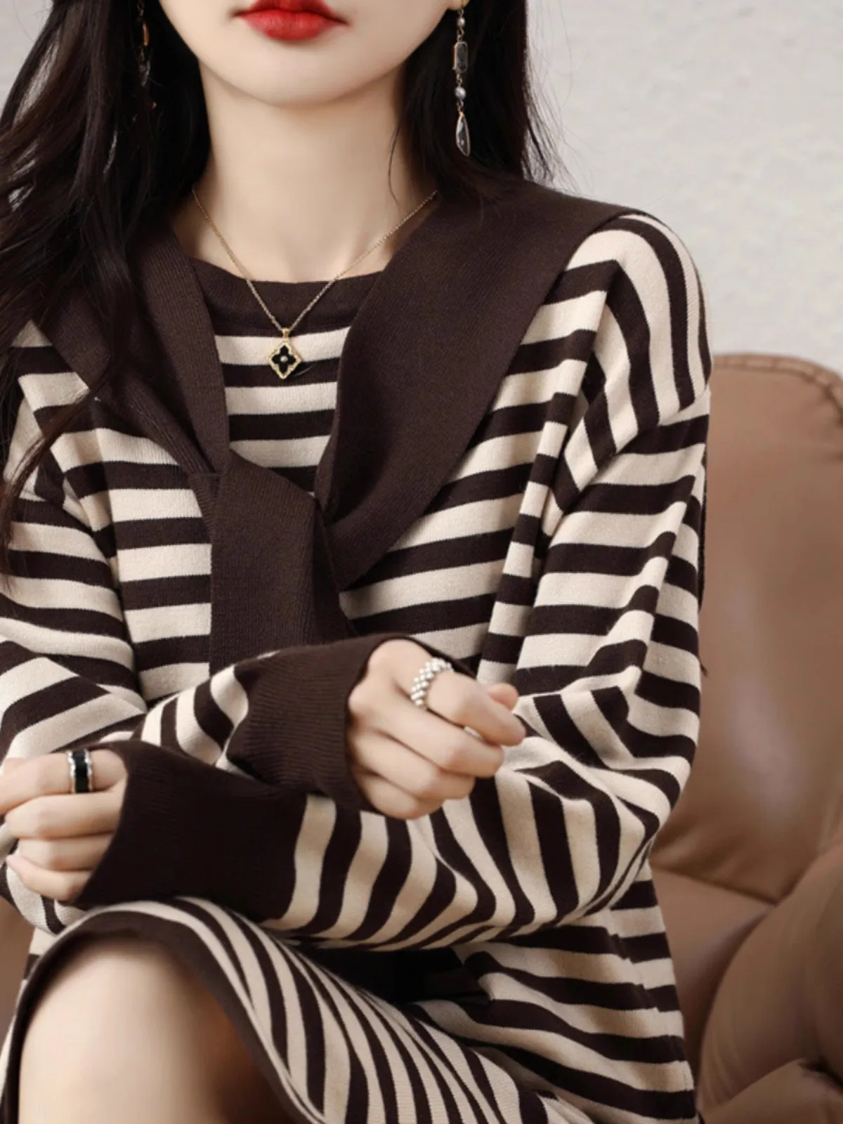 레트로 스트라이프 롱 니트 드 네비게이션 칼라 스트레이트 루즈 웜 미드-길이 스웨터 드 가을 겨울 신상