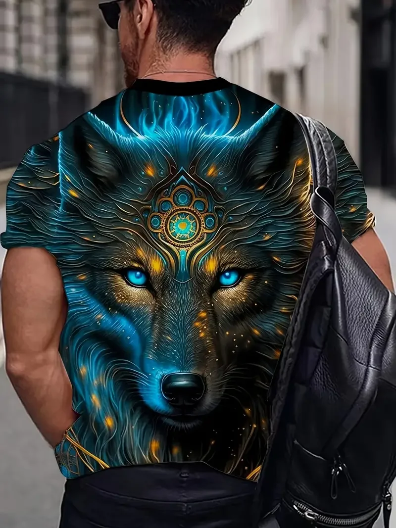 Animal Wolf Print T Shirt For Men Summer Polyester Round Neck Loose Short Sleeve Streetwear Oversized T-shirts Casual Tops Tees