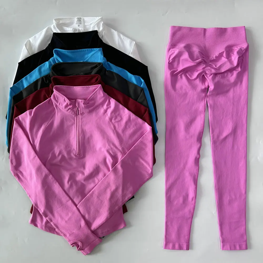 

2PCS Impact SportsYoga Sets Long Sleeve Jacket Top With Half Zip High Waisted Leggings Fitness Suit Seamless Running Workout Set