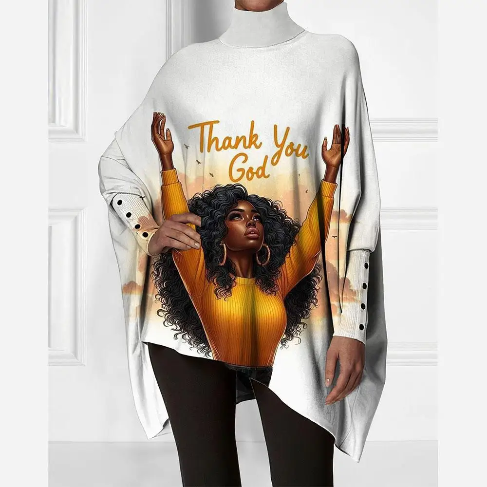 

Women's African Art Print Pattern Turtleneck Oversized Top Autumn Casual Loose Shirt Street Fashion Long Sleeve Pullover