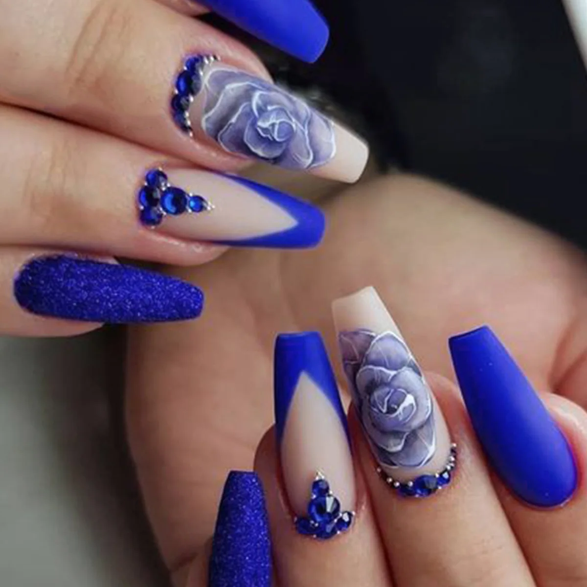 

Wearing Nail Art With Diamond Blue Flower Nail Patches Wearable Nail Patches Frosted French Nail Patches