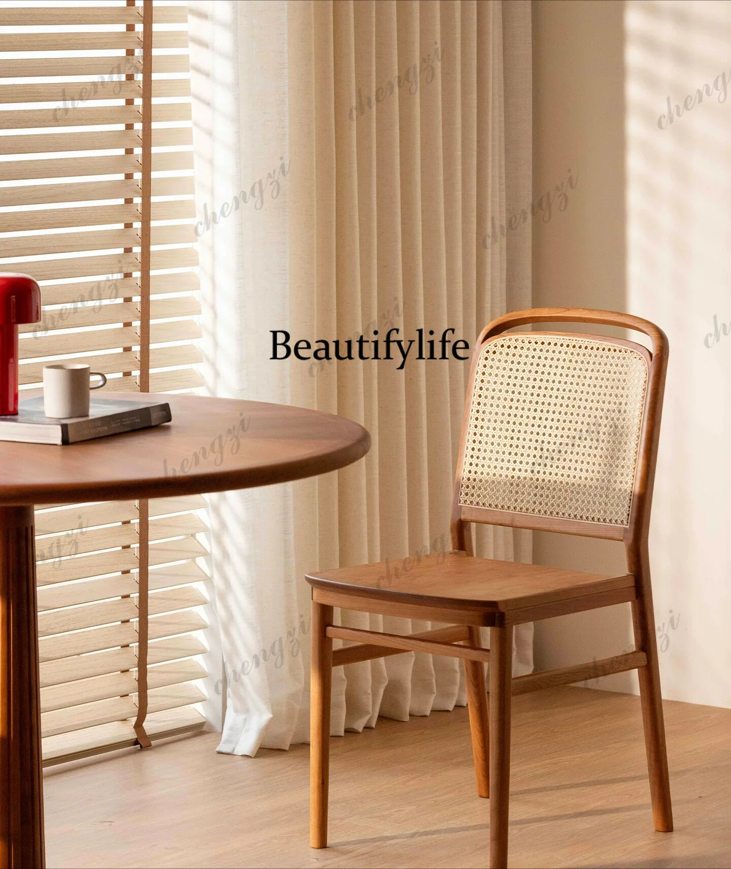 Home Furnishing | Black Walnut Rattan Dining Table Backrest Chair Home Retro Solid Wood Dining Chair