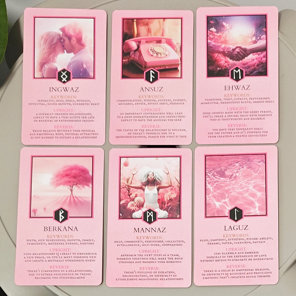 Baraja de runas de amor - Tarjetas de oráculo rosa de 25 piezas para guía y adivinación de relaciones 10,3 x 6 cm - Medios de runas de Futhark para personas mayores