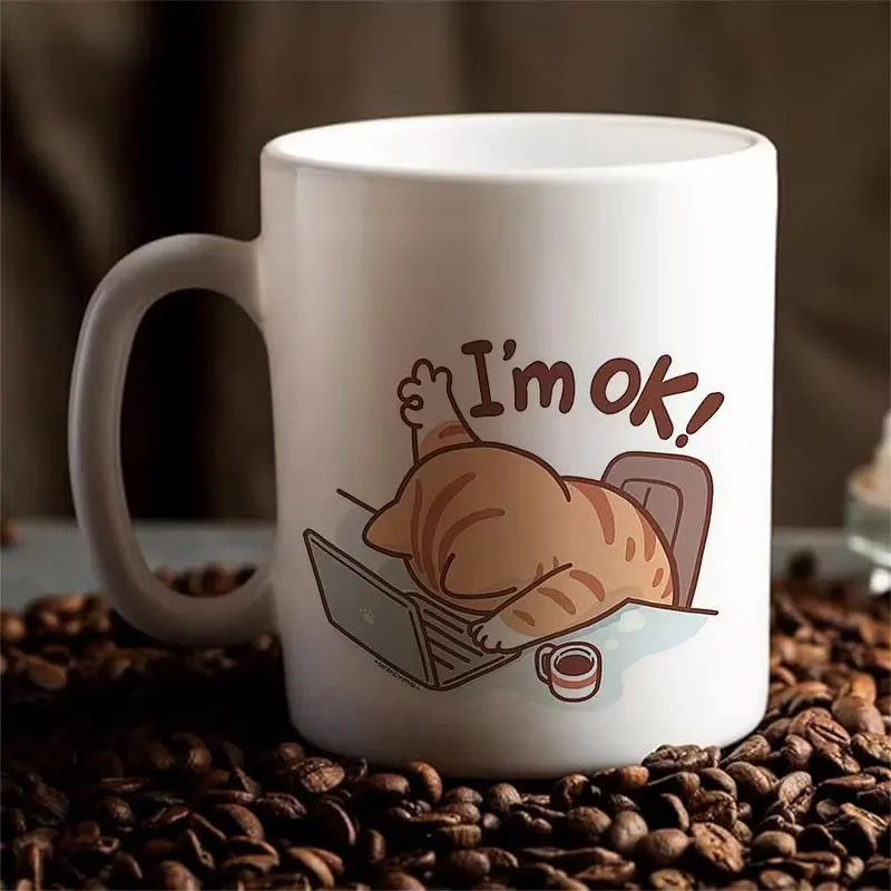 Ceramic Insulated Cat Coffee Mug - Reusable Multi-Purpose Tea Cup with a Playful 
