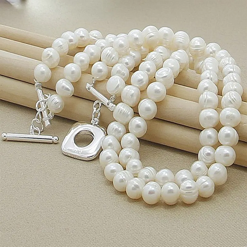 

8mm Double White Natural Pearls Chain Necklace 925 Sterling Silver For Women Wedding Engagement Fashion Charm Jewelry