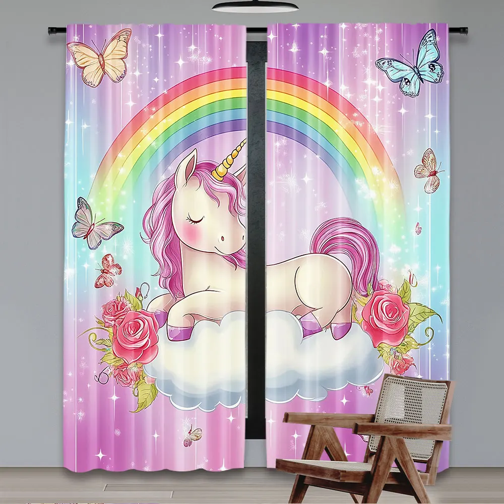 2Pcs Unicorn Curtain Rainbow Unicorn Curtain Curtain Butterfly Suitable For Living Room Bedroom Kitchen And Bathroom