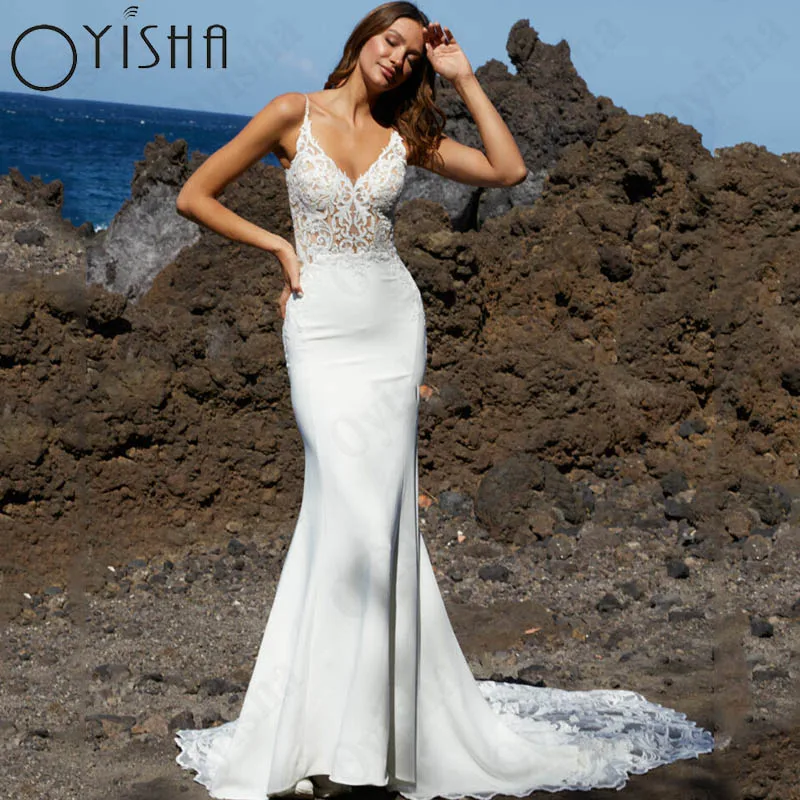 Oyisha Bohemian Sleeveless Appliques Wedding Dresses V-Neck Spaghetti Straps Bridal Party Illusion Back Mermaid Vestido De Noiva