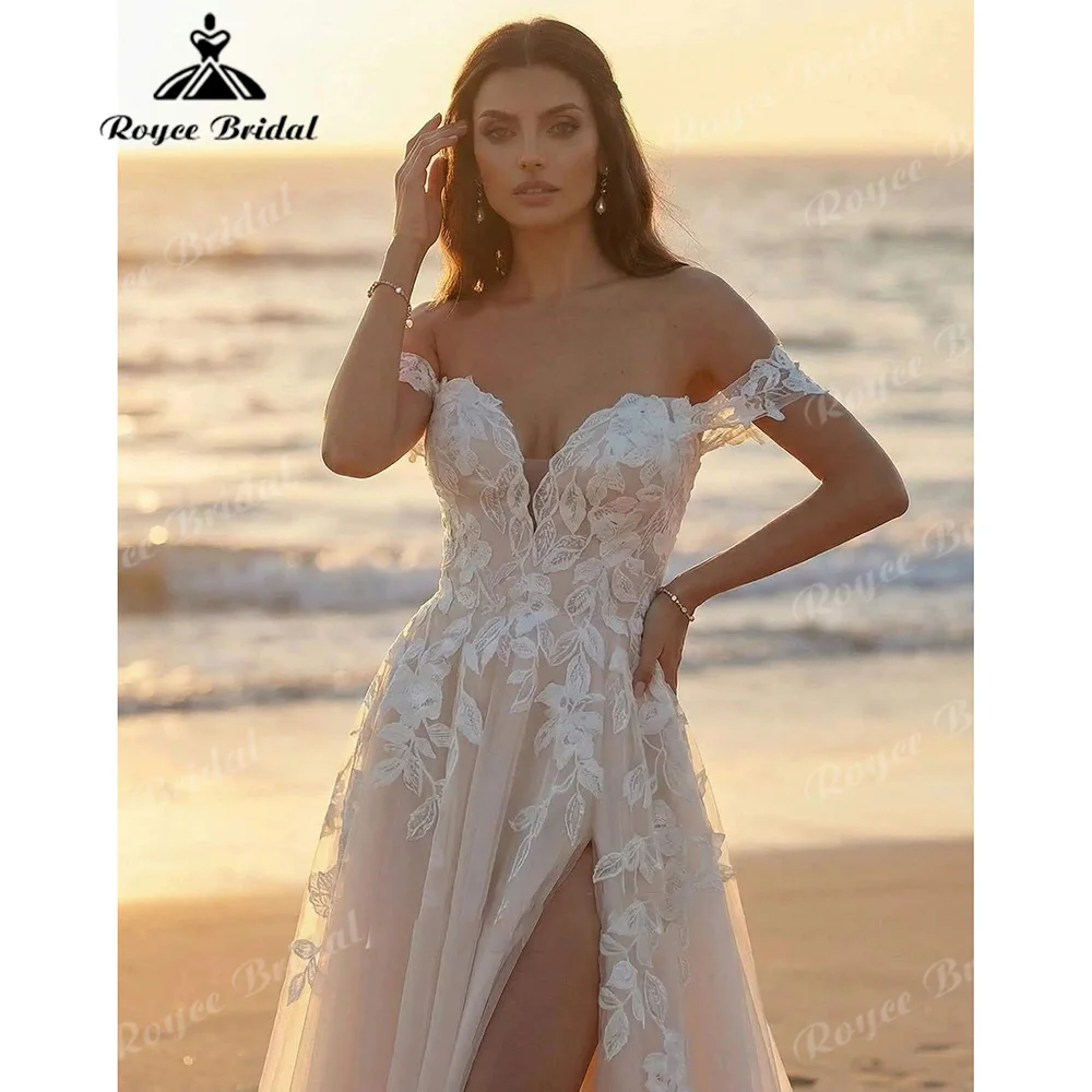 Off‑the‑Shoulder A‑Line Wedding Dress 3D Floral Lace Appliques Flutter Short Sleeve High Slit Tulle  Vestido De Novia Customized