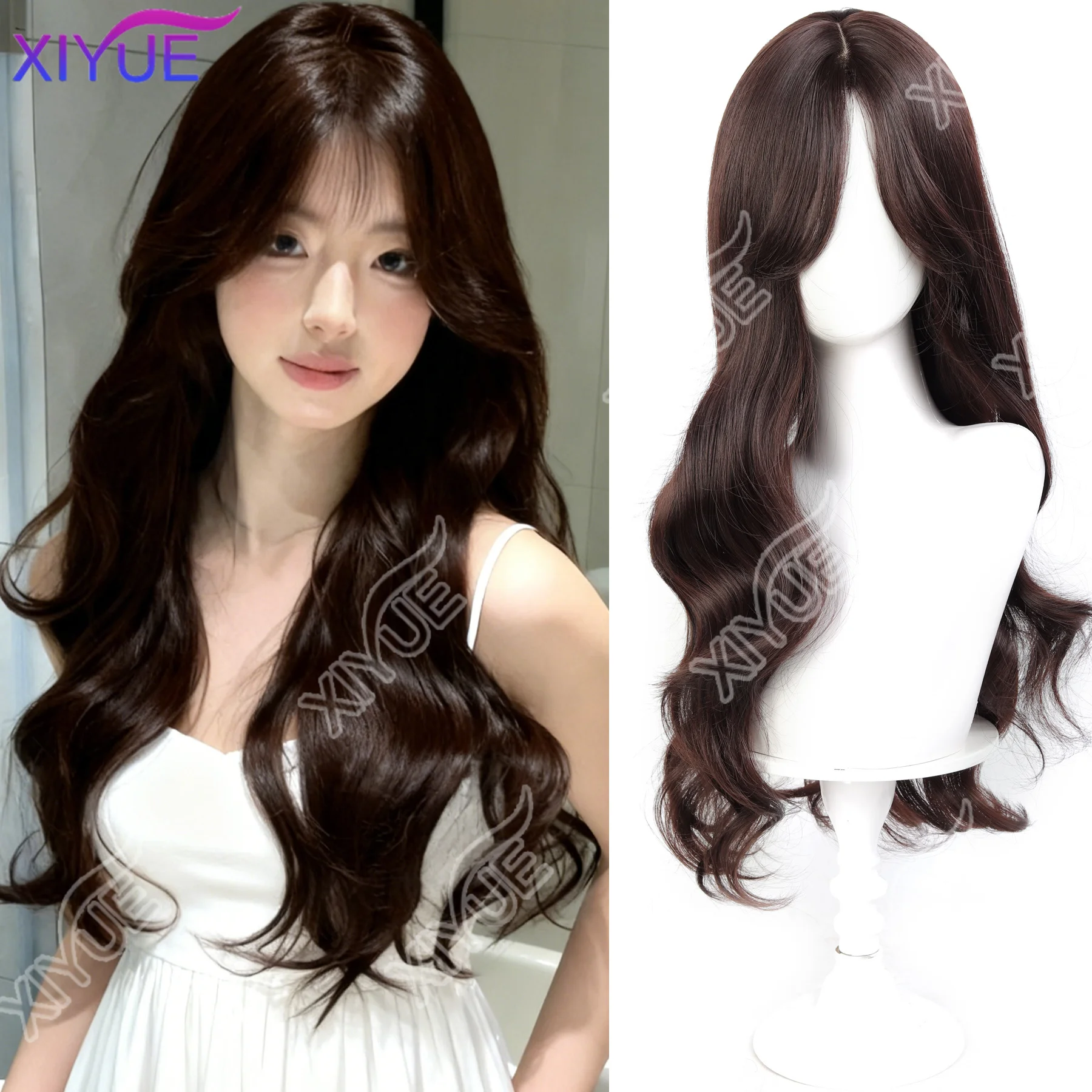 

synthetic Popular Brown Ash Long Deep Wave Hair Lolita Wigs With Bangs Synthetic Wig For Women Fashion Thick Curls Wigs Girl
