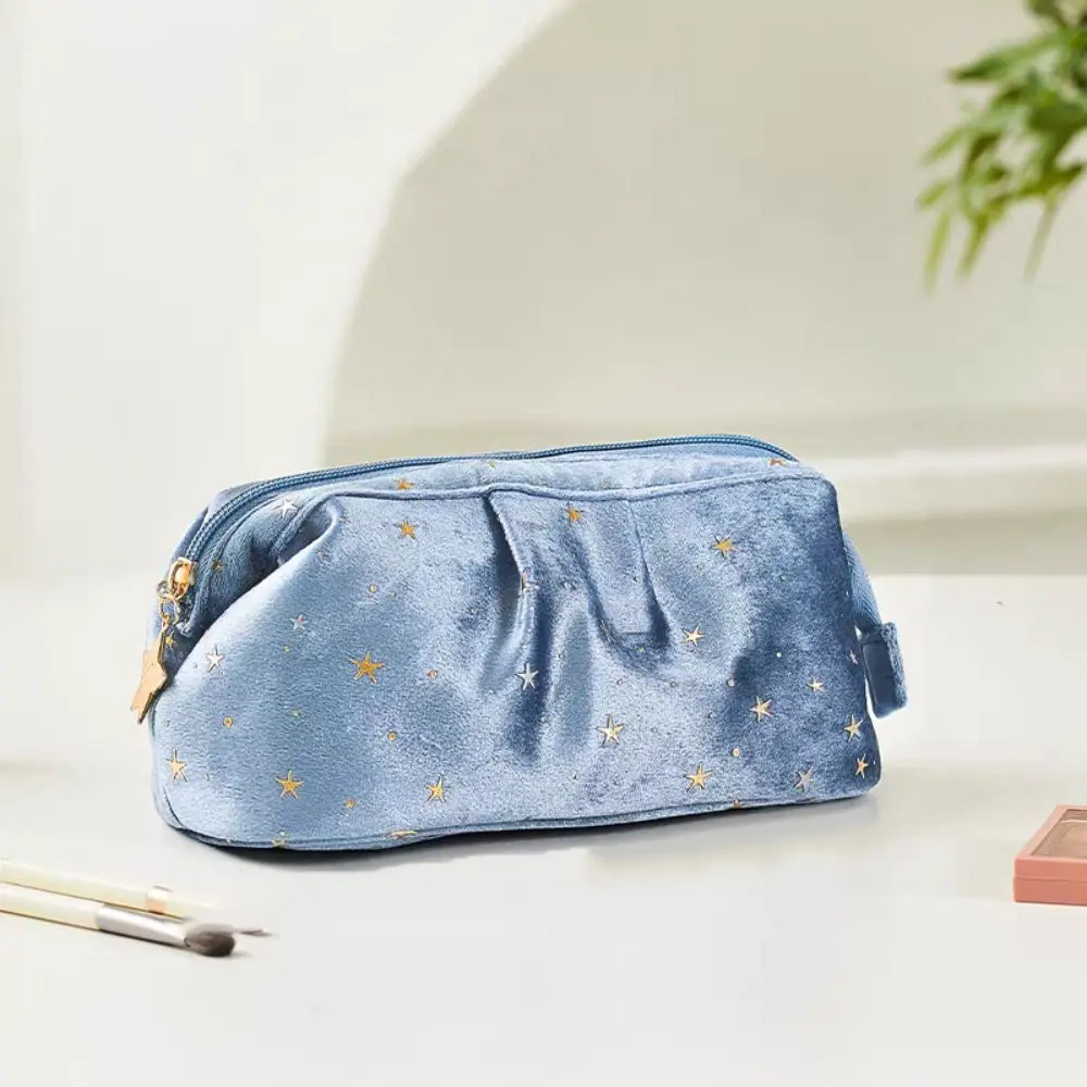 Bronzing Stars Velvet Cosmetic Bag Large Capacity Zipper Travel Toiletry Bag Wash Pouch Handbag Desktop Storage Bag Wash Face