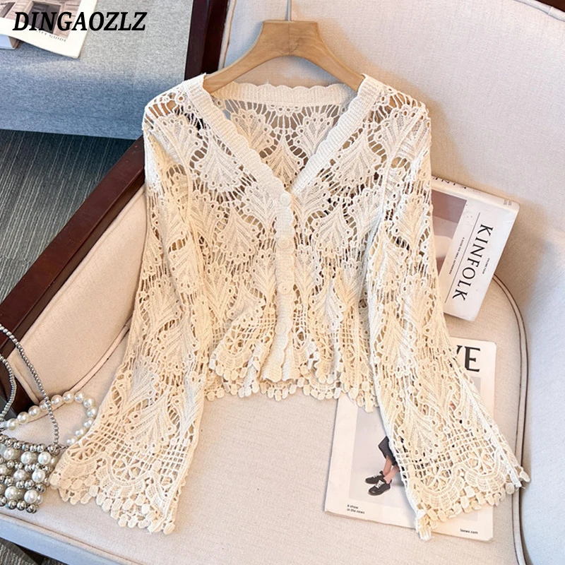 

2025 Spring Summer Cardigan Sun Protection Shirt Women Long Sleeve Hook Flower Hollow Tops Fashion Embroidery Blouse