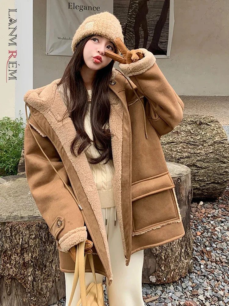 LANMREM Casual Fur Coat Women\'s 2024 Autumn Winter New Clothing Hooded Horn Button Big Pockets Design Elegant Coats 2Z3104