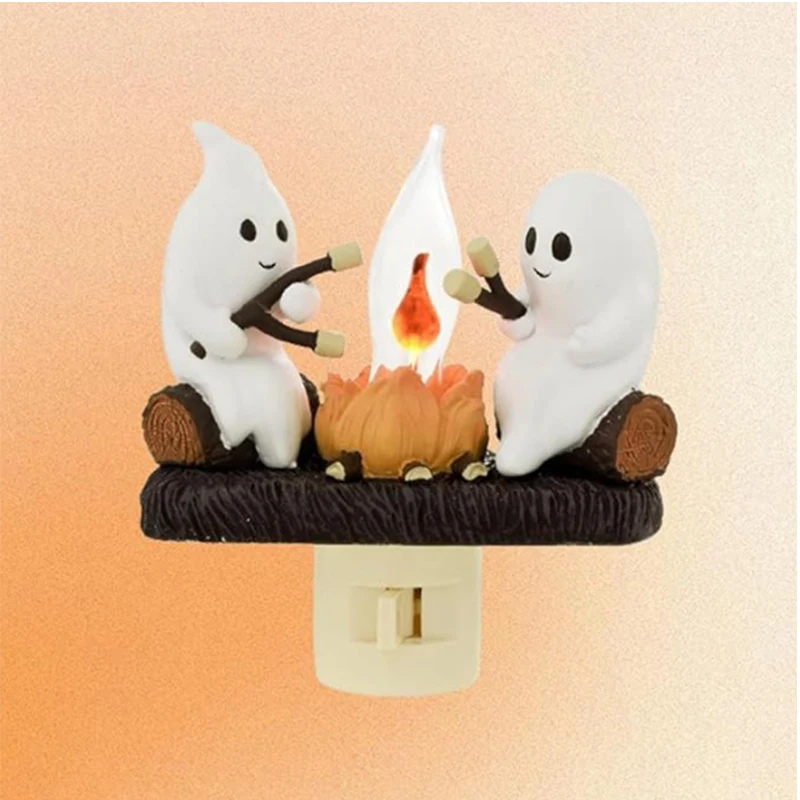 Ghost Campfire Flickering Night Light,Halloween Night Lights Plug into Wall,Ghost Pumpkin Night Light Dusk to Dawn LED Lamp 0.5W