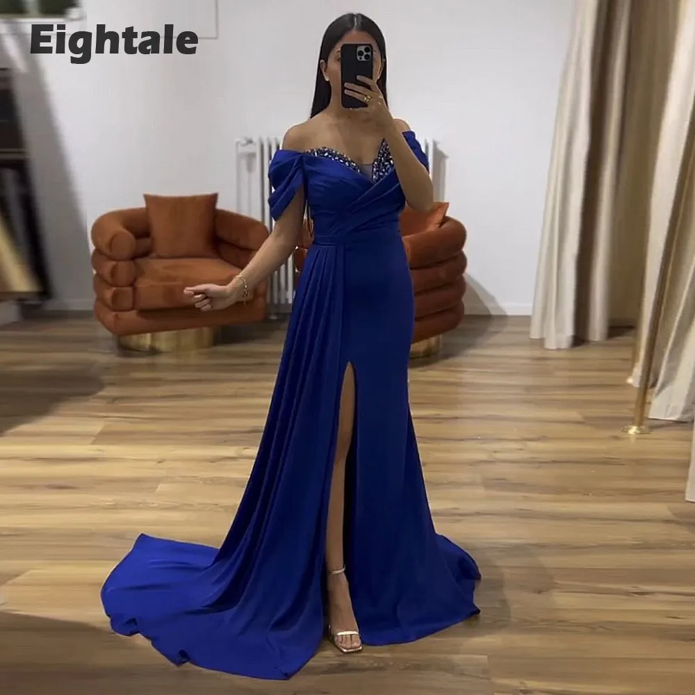 Eightale Royal Blue Evening Dress V-Neck Beaded Off the Shoulder Satin Customized Side Slit Prom Gown Wedding Party Dress