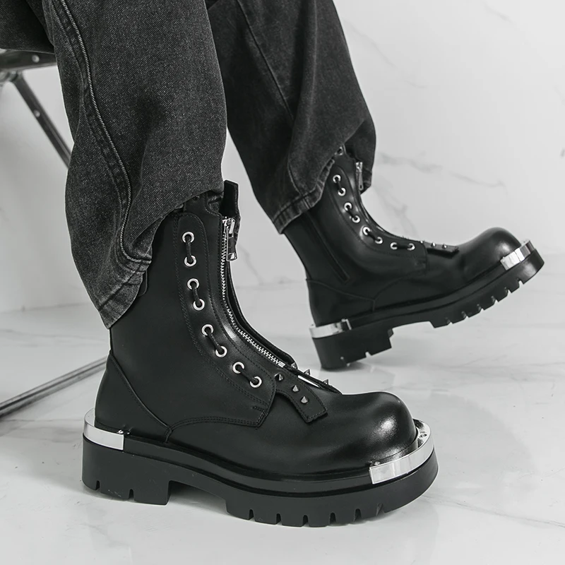 Men High Top Boots PU Thick Soled Bare Boots with Rivet Decoration Trendy Classic Men Boots image 4