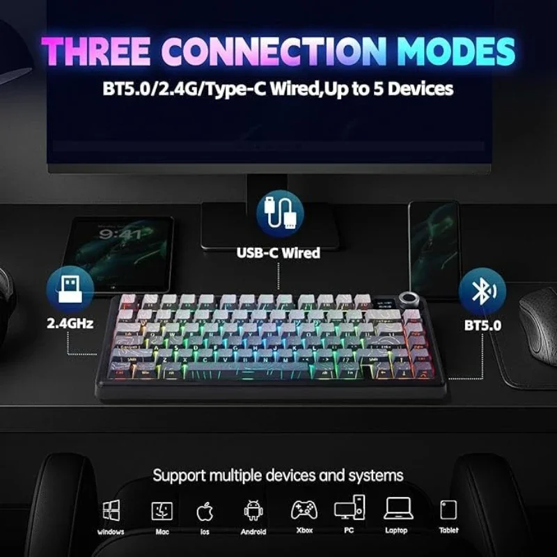 AULA F75 MAX Mechanical Keyboard 75 Percent Layout TFT Smart Screen Knob Hot Swappable Gasket Mount Tri Mode Wireless Gaming