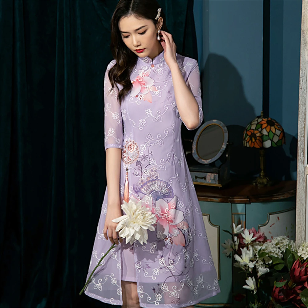 

Mid-length Chiffon Improved AoDai Cheongsam Embroidered Chinese Style Floral Printed Split Qipao Dress Summer Daily Wear Vestido