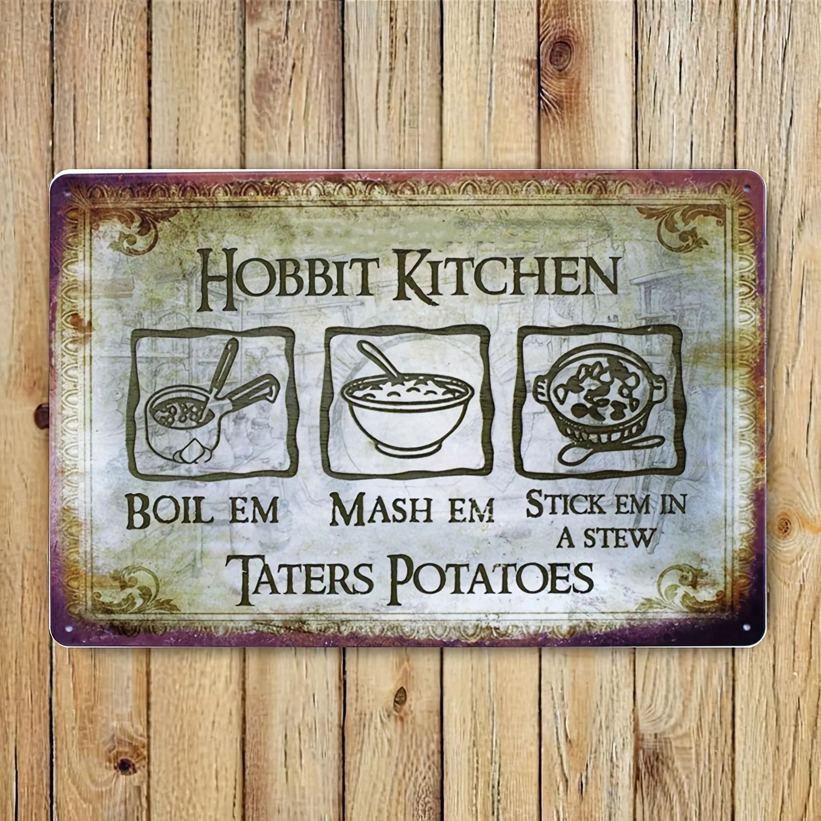 Hobbit Kitchen Metal Tin Sign - Vintage Wall Decor with Whimsical Potato Cooking Instructions, Unframed, Perfect for Home Dec