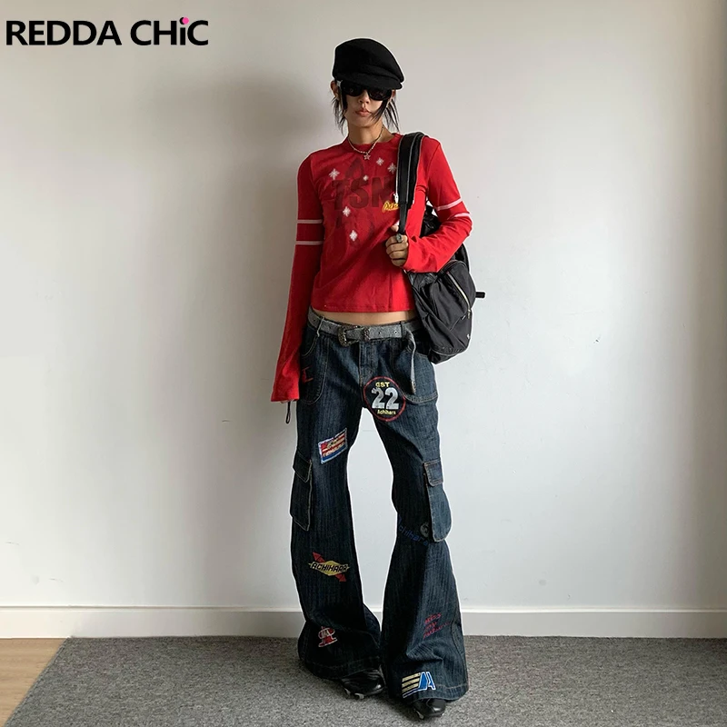 ReddaChic Graphic Print Bootcut Baggy Jeans Women Vintage Stamps Distressed Wide Leg Flap Pockets Cargo Pants Y2k Streetwear