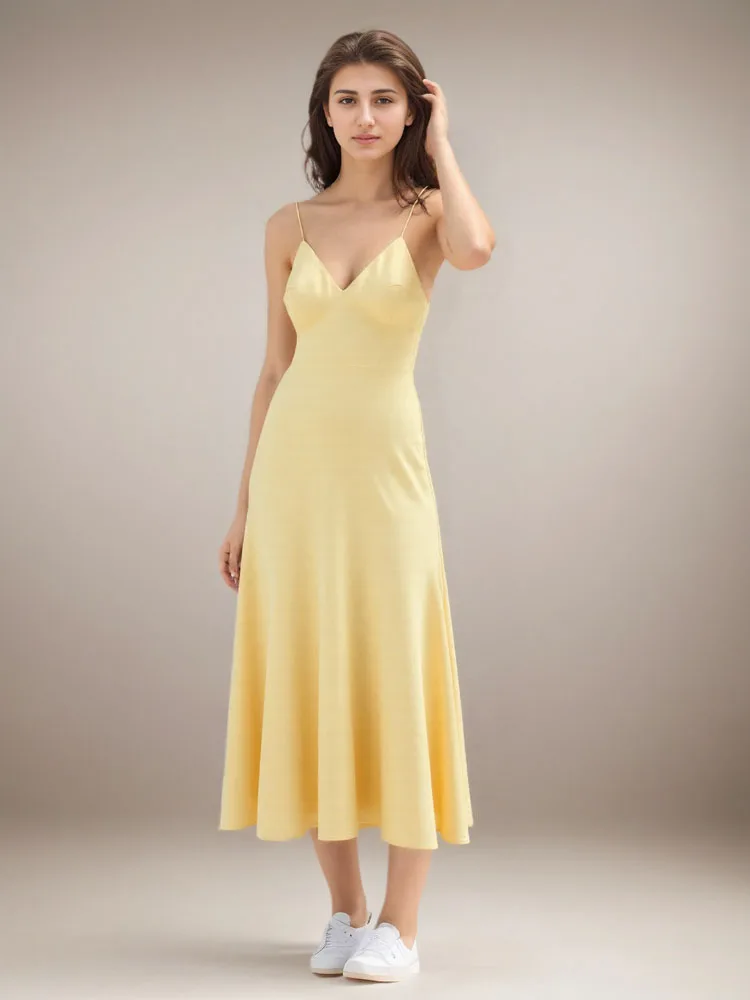 FSMG mode jaune sans manches taille haute col en V longues robes élégant Satin Sexy dos nu fronde jupe soirée Robe dame