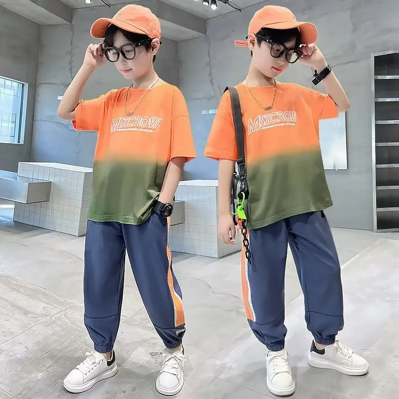 Summer Boys Girls Set Korean High Street Fashion Kids Breathable T-shirt Sports Pants 2 Piece Set High Quality Children's Suit